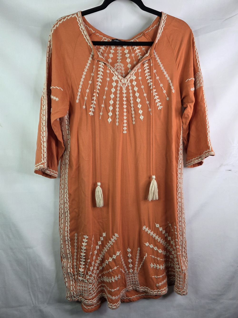Tolani Size M Orange Embroidered Midi Tunic with Cream Tassels Summer Dress